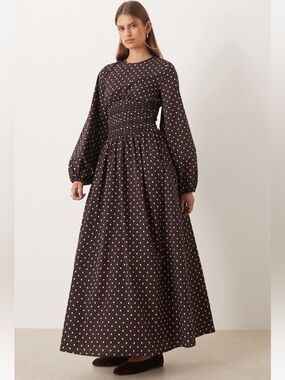 ASOS Brown Maxi Dress with Cream Polka Dots